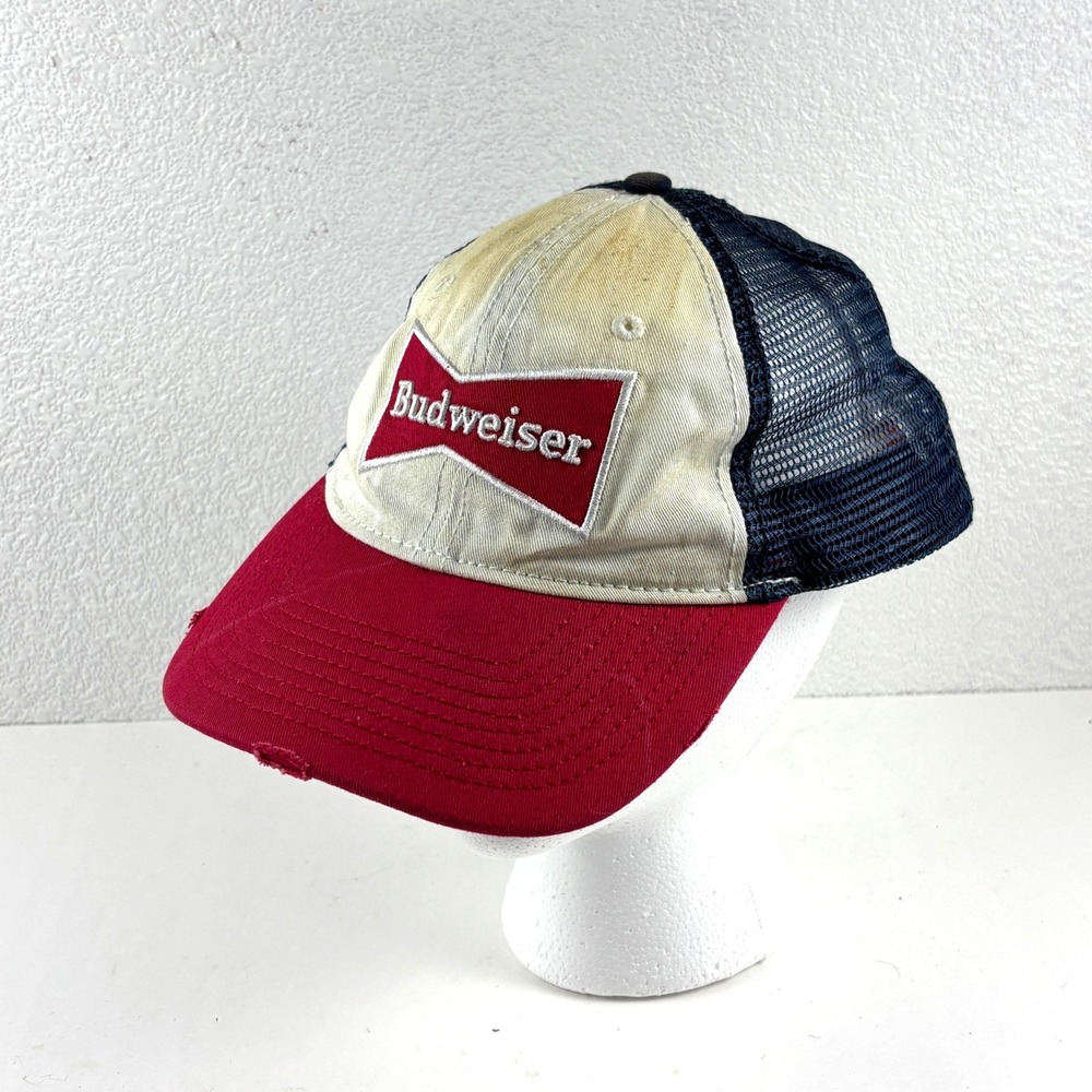 Budweiser Trucker Hat Mens OSFM Red White‎ Blue Distressed Snapback Mesh Cap
